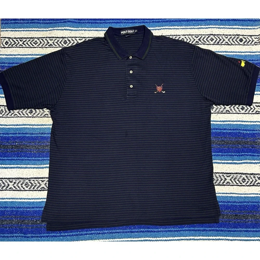 VTG Polo Golf Ralph Lauren Polo Shirt Mens 2XL Navy Green Stripe Embroidered